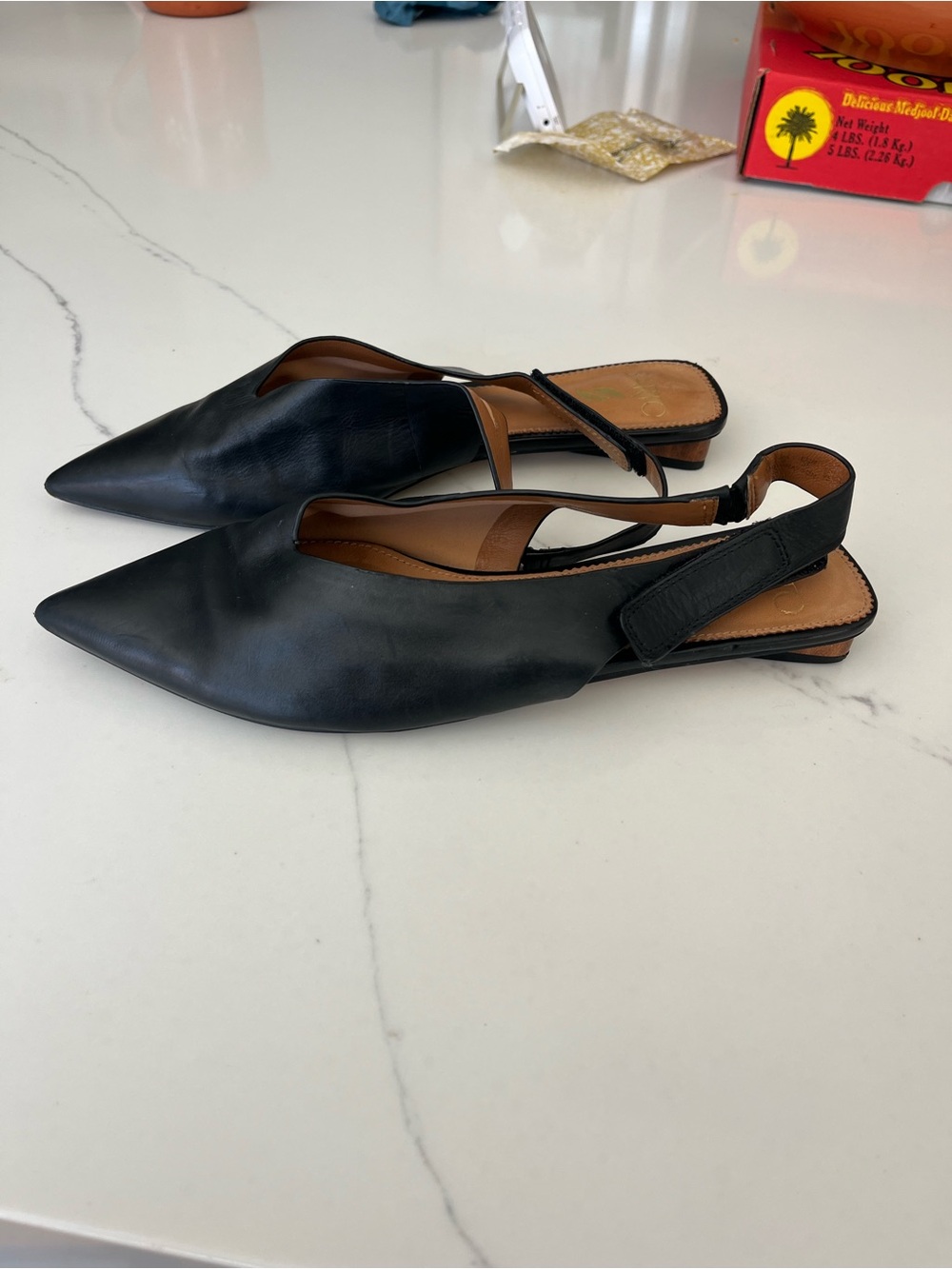 Franco Sarto “Debbie” Black Pointed Leather Slingback Flats Size UK 5